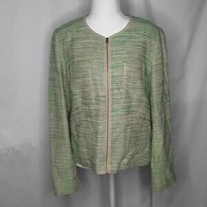 J. Jill Womens Collarless Zip Tweed Blazer Jacket Green Blue Medium